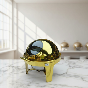 Scaldavivande Rotondo in Acciaio Inox Dorato <span class=keywords><strong>di</strong></span> Alta Qualità <span class=keywords><strong>da</strong></span> 6 Litri con Coperchio <span class=keywords><strong>a</strong></span> Rullo e Finestra Trasparente per Matrimoni - Product Image 2