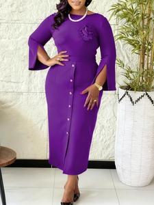 Eleganti Abiti da Chiesa per Donne, Collo Tondo, Maniche a Campana, Bottoni Floreali, Vestito Slim per Ufficio - Product Image 5