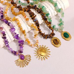 Collier en pierres naturelles style bohème, plaqué or 18 carats, en acier inoxydable, avec pendentif soleil océanique perlé, personnalisable, idéal pour cadeau (vente en gros) - Product Image 5
