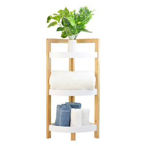 Estante de esquina para baño de bambú, blanco, de 3 niveles, independiente, para artículos de baño - Product Image 1