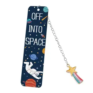 Space Ship Theme Bookmarks with Metal Charms Planet Rocket Colorful Inspirational Quotes Cards for Party, Kids Boys Girls Adults