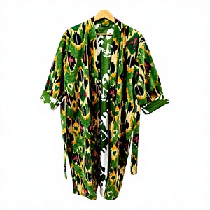 Bata de mujer de largo completo con estampado de bloques, sin cuello, manga tres cuartos, ropa de dormir informal para verano, 100% algodón tejido - Product Image 1