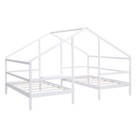 Lit pour maison d'enfants avec 2 lits jumeaux à plateforme, lits jumeaux doubles en bois avec toit triangulaire et bureau intégré