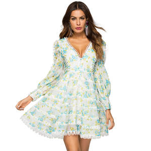 Nuevo Vestido Sexy con Cuello en V para Mujer, Estampado Floral, Manga Farol, Vestido Verde Dulce - Product Image 2