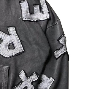 Tùy Chỉnh Người Đàn Ông Của Trùm đầu Áo Thun Ngắn Áo Cổ Điển Cắt Khâu Thêu Các Bản Vá Lỗi Hip Hop Đường Phố Phong Cách May Nhuộm - Product Image 5