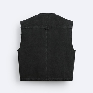 OEM Custom Wholesale Mens <b>Black</b> Washed Denim Utility <b>Vest</b> Raw Edge V Neck Multi Cargo Pocket Sleeveless Streetwear Gilet - Product Image 3