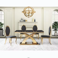 Nouvel Arrivage en Gros : Ensemble Table à Manger Carrée en Marbre et Verre Doré et Noir Brillant avec 4 Chaises de Luxe