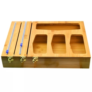 Foil and Plastic Wrap Dispenser with Cutter Bamboo Ziplock Bag Storage Organizer for Kitchen Drawer Food Storage Bag Holders Box