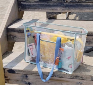 Mesh Tote <b>Bag</b> with for Handles and Yellow Trim Open Top Zipper Closure Striped Pattern <b>Medium</b> <b>Size</b> Unisex Beach Accessory - Product Image 4