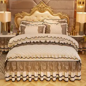 Decorative Bedspread Bed Skirt, skirt bed cover Silk Embroidery polyester with matching mat and curtains bed sheet set/
