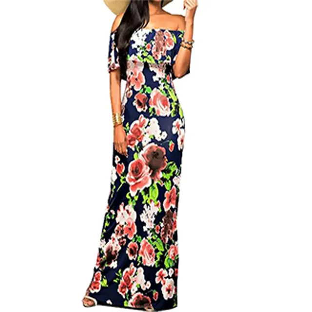 Kadın kapalı omuz Maxi elbiseler Hawaiian çiçek baskılı zarif Ruffles İnce abiye giyim talep üzerine uzun elbise yeşil baskı