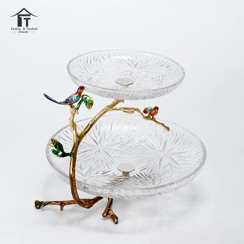 Luxury design gold tray fruit dry serving dried nuts plate glass fruit bowl cake stand