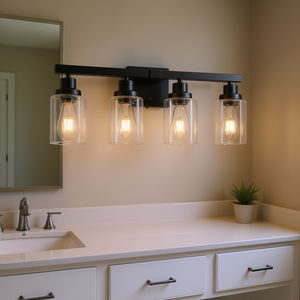 Modern Black 4-<b>Light</b> Bathroom Vanity <b>Light</b> Fixture Clear Glass Shades Wall Mount Mirror Lamp Warm White Incandescent 24 Inch - Product Image 2