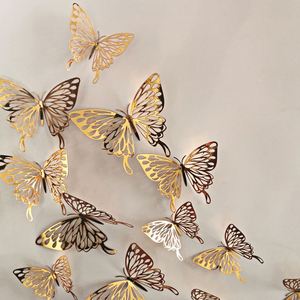 12 autocollants muraux 3D papillons dorés creux en papier de haute qualité pour chambre, salon et porche - Product Image 1