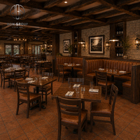Muebles de Restaurante Personalizados Ron Group, Mesa con Base de Metal y Madera Maciza, Silla de Madera, Asientos de Cuero en Forma de U con Respaldo Alto