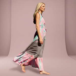 SRJ EXPORTS Boho Halter Maxi <b>Dress</b> Pink Blue Grey Geometric Print Chiffon <b>Loose</b> Fit Summer Casual Wrap Tie <b>Dress</b> - Product Image 4