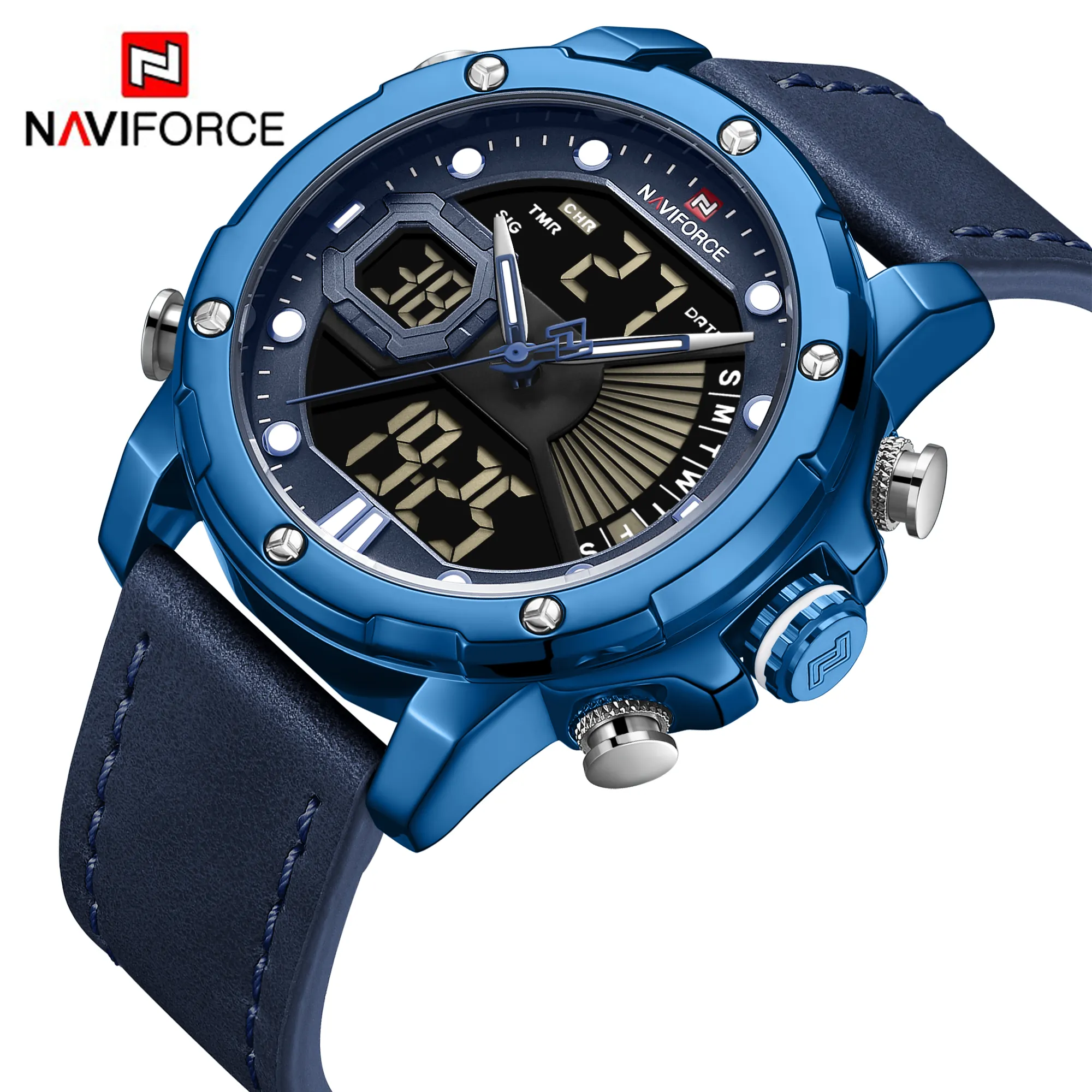 Luxe Merk Naviforce 9172 Heren Horloges Lederen Quartz Horloge Lcd Digitale Sport Lichtgevende Waterdicht Navy