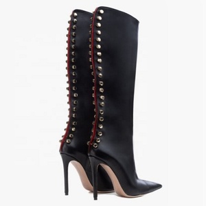 Back Cut Out Women Metal Decor Knee High <b>Boots</b> Big Size 45 Solid Stiletto Dress Shoes Slim Heels Long <b>Boots</b> - Product Image 3