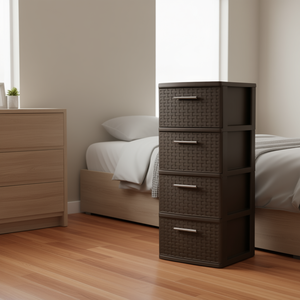 Meuble de rangement à 4 tiroirs en plastique tressé, design moderne expresso, organisateur de vêtements pour salle de bain, type autoportant 33x15x85cm - Product Image 2