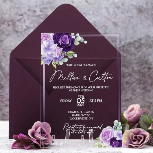 Purple Flowers Desgin Luxury Clear Transparent Plexiglass Acrylic Wedding Invitation Card For Bridal Shower Quinceanera