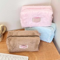 Pochette à fermeture éclair portable et mignonne pour papeterie, pochette de maquillage portable pour femmes, pochette cosmétique en fourrure moelleuse, logo personnalisé, fabrication OEM