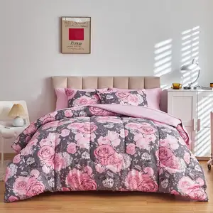 बेडरूम सेट चादरें फ्लावर कम्फ़र्टर बेड शीट सेट सफेद बिस्तर 7 पीस गहरे गुलाबी पुष्प जल धुलाई सैंडिंग क्वीन शीट सेट