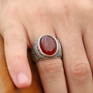 خاتم فضة تركي عتيق بالجملة من العقيق الأسود والفضة عيار 925 مع حجر فيروز، خاتم عقيق تركي فضي للرجال - Product Image 3
