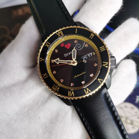 Montre mécanique automatique pour hommes, lunette noire et dorée, double date, bracelet en cuir, mode décontractée, montre-bracelet pour hommes