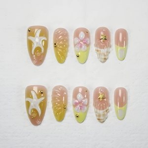 Uñas Postizas de Estilo Francés Largo en Color Amarillo de Moda, Uñas Postizas de Alta Calidad de Larga Duración - Product Image 1