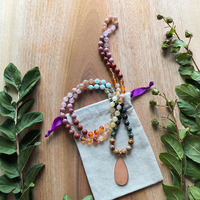 Sunstone, Turquoise Afrika, Prehnite, Moonstone Mala, Liontin Aventurine, JapaMala, Kalung Meditasi 108 Butir Rajutan Tangan, Perhiasan Yoga