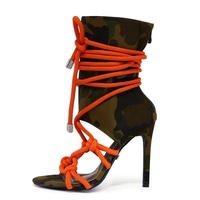 Bottines courtes à lacets en corde camouflage pour femmes, fermeture éclair arrière, lacets noués, bottines à talons fins, sandales à talons aiguilles