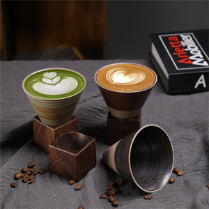 Mug à café créatif <span class=keywords><strong>en</strong></span> poterie rustique vintage avec base <span class=keywords><strong>en</strong></span> <span class=keywords><strong>bois</strong></span>, tasse à <span class=keywords><strong>latte</strong></span> art <span class=keywords><strong>en</strong></span> forme d'entonnoir, mug à eau pour la maison - Product Image 3