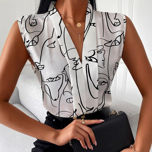 เสื้อเชิ้ตแฟชั่นลำลองคอวีแขนกุดพิมพ์ลายสำหรับผู้หญิง - Product Image 5