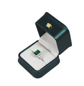 Caja de anillo individual de cuero verde oscuro, logo personal personalizado, 2023