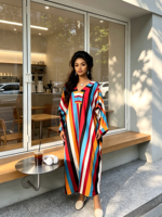 Nouvelle Collection Été 2026 – Robe Kaftan Ample à Rayures Col V avec Poches, Imprimé Ethnique Africain, Boubou Décontracté Grande Taille pour Femme en Polyester
