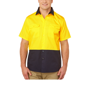 在庫品 高視認性 通気性 綿 イエロー/ネイビー ツートン 長袖 建設 反射 安全 UPF50+ Hi-Vis 作業シャツ - Product Image 5