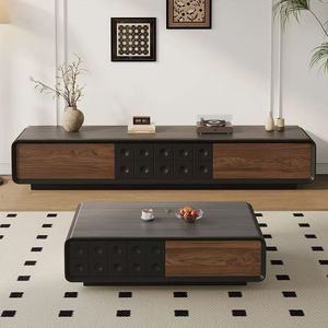 Juego de Muebles de Sala de Estar Estilo Vintage: Mesa de Centro y Mueble para TV con Superficie de Piedra Jade y Acabado en Laca Ecológica Color Nogal Negro - Product Image 1