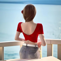 T-shirt court moulant Y2K rouge uni en coton et élasthanne pour femme, dos nu sexy, coupe carrée, respirant, anti-boulochage, écologique