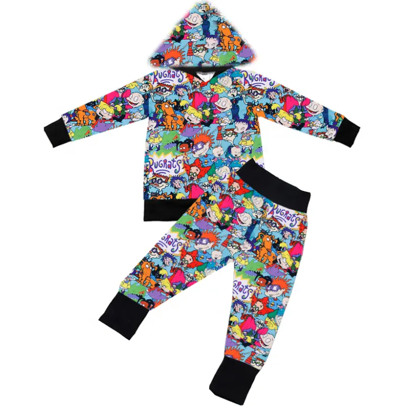 Su Ordine all'ingrosso Full Stampa Personaggio Dei Cartoni Animati A Manica Lunga Capretti Del Bambino Top Pullover Con Cappuccio Pant Outfit Vestiti Set