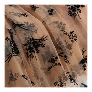 ZRT006 Fashion Fairy Style Black Floral Design Flocking Tulle Fabric Polyester Flocked Floral Mesh Fabric for Dress