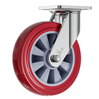 Roue pivotante à frein en polyuréthane rouge avec noyau en PP, capacité 260 kg, 4-8 pouces, fonctionnement silencieux, plaque plate pour la logistique