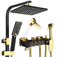 Ensemble de douche moderne noir et or, robinet thermostatique en acier inoxydable et laiton, fixation murale, paroi de douche complète