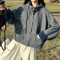 Veste Courte en Laine Grise Décontractée Vintage pour Femme, à Capuche, avec Cordon de Serrage, Boutonnage Simple, Coupe Ample, Idéale pour les Trajets Quotidien