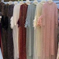 Vêtements islamiques modernes, abaya de luxe, manches à plumes, robe maxi à paillettes, robe de soirée ample et élégante, kaftan pour l'Aïd