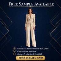 Ensemble tailleur pantalon crème brodé d'appliques florales 3D pour femme, pantalon large taille haute, col en V profond, tenue de bureau formelle, personnalisable OEM/ODM