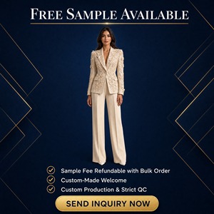 Ensemble tailleur pantalon crème brodé d'appliques florales 3D pour femme, pantalon large taille haute, col en V profond, tenue de bureau formelle, personnalisable OEM/ODM - Product Image 5