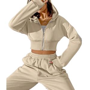 Ensemble de survêtement décontracté pour femme, avec sweat à capuche zippé et pantalon de jogging, couleur unie, manches longues, coupe oversize, design court à la cheville, par un fabricant OEM - Product Image 3