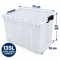 Conteneur de rangement pour vêtements et literie de grande capacité, en plastique PP transparent, 135 L, avec couvercle à fermeture, organisateur pour la buanderie à domicile