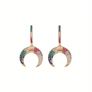 Orecchini Pendenti Pav Moon in Oro Massiccio 18K con Cristalli Colorati, Stile Bohémien, Gioielli da Festa per Donne - Product Image 1