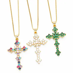 Hot Sale Party Delicate Shiny Colored Zircon Necklace Hip Hop Retro Cross Pendant Necklace for Women